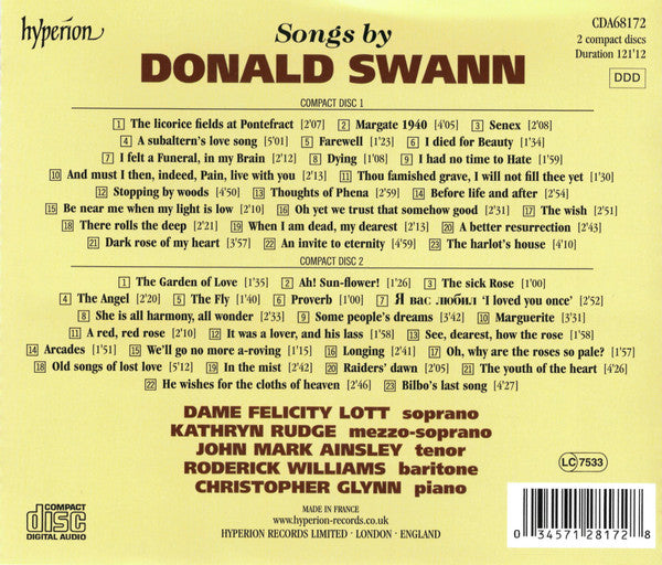 Donald Swann, Felicity Lott, Kathryn Rudge, John Mark Ainsley, Roderick Williams (3), Christopher Glynn : Songs Of Donald Swann (2xCD, Album)