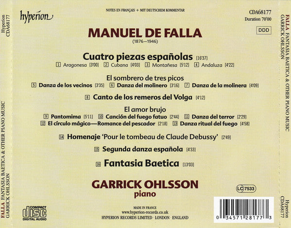 Manuel De Falla, Garrick Ohlsson : Fantasia Baetica ∙ Piezas Españolas ∙ El Amor Brujo ∙ El Sombrero De Tres Picos (CD, Album)