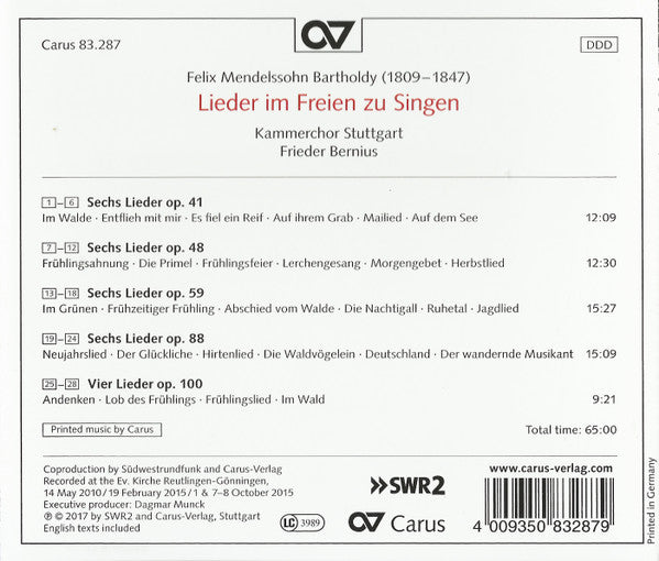Felix Mendelssohn-Bartholdy – Kammerchor Stuttgart, Frieder Bernius : Lieder Im Freien Zu Singen (CD, Album)