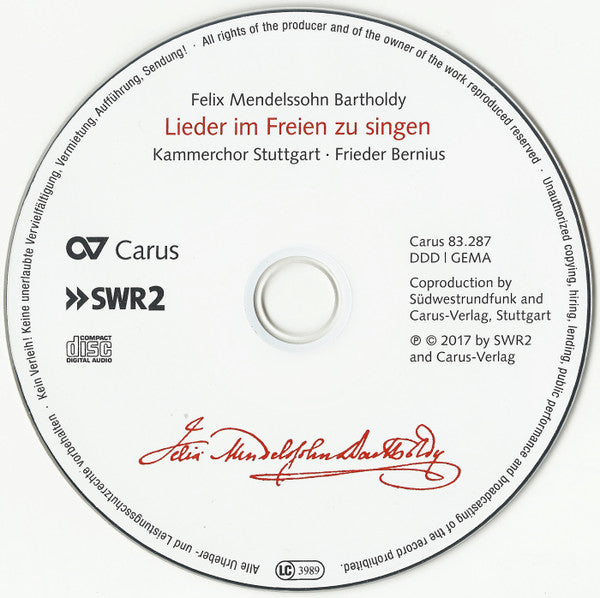 Felix Mendelssohn-Bartholdy – Kammerchor Stuttgart, Frieder Bernius : Lieder Im Freien Zu Singen (CD, Album)