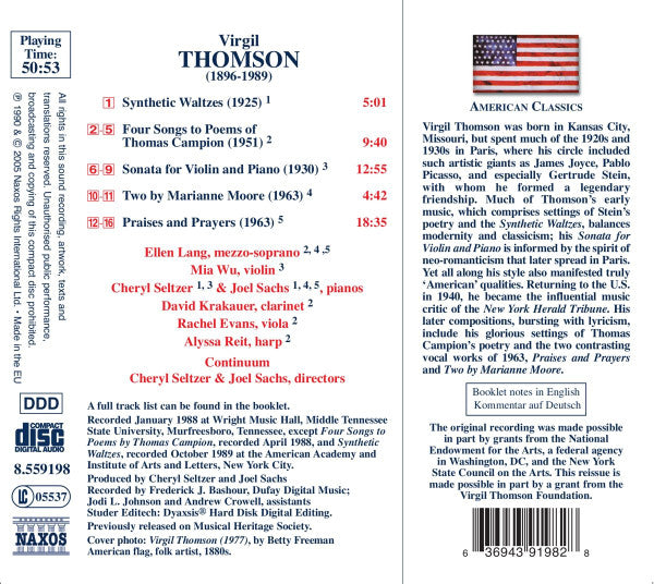 Virgil Thomson, Continuum (4), Cheryl Seltzer, Joel Sachs (2) : Four Songs To Poems Of Thomas Campion, Violin Sonata, Praises And Prayers (CD, Album, RE)