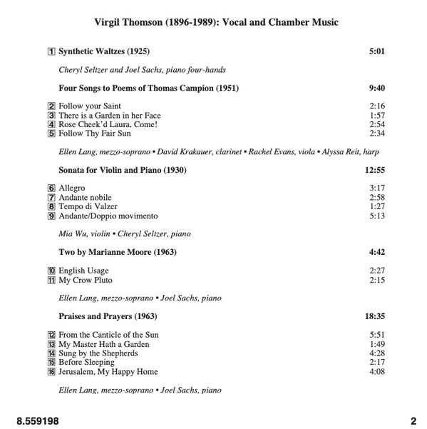 Virgil Thomson, Continuum (4), Cheryl Seltzer, Joel Sachs (2) : Four Songs To Poems Of Thomas Campion, Violin Sonata, Praises And Prayers (CD, Album, RE)