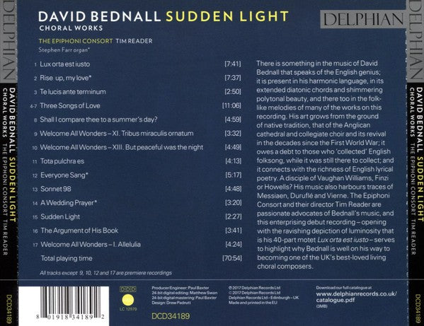 David Bednall, The Epiphoni Consort, Tim Reader : Sudden Light: Choral Works (CD, Album)