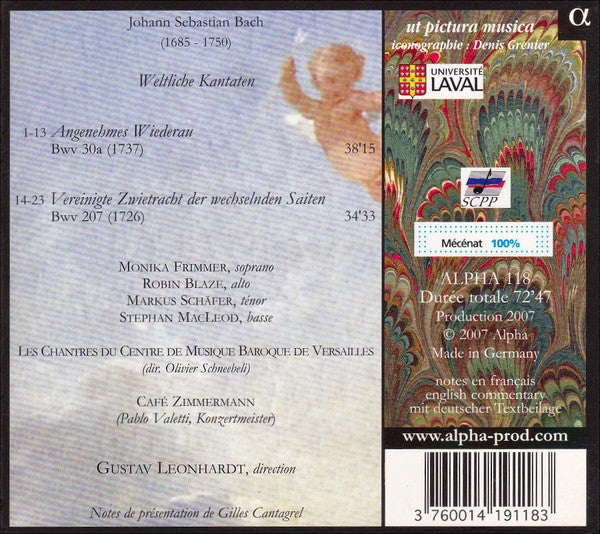 Johann Sebastian Bach - Monika Frimmer, Robin Blaze, Markus Schäfer (5), Stephan MacLeod, Les Chantres Du Centre De Musique Baroque De Versailles, Café Zimmermann, Gustav Leonhardt : Weltliche Kantaten, BWV 30a & 207 (CD, Album)
