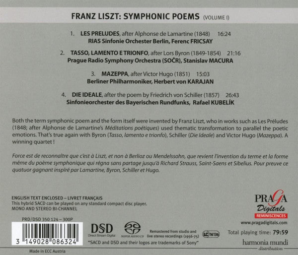 Franz Liszt, Ferenc Fricsay, Stanislav Macura, Herbert von Karajan, Rafael Kubelik : Symphonic Poems, Vol. 1 (SACD, Hybrid, Comp, Mono, Ltd, RM)