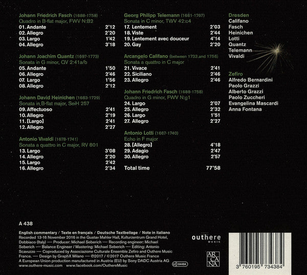 Arcangelo Califano, Johann Friedrich Fasch, Johann David Heinichen, Antonio Lotti, Johann Joachim Quantz, Antonio Vivaldi, Georg Philipp Telemann – Zefiro, Alfredo Bernardini : Dresden (CD, Album)