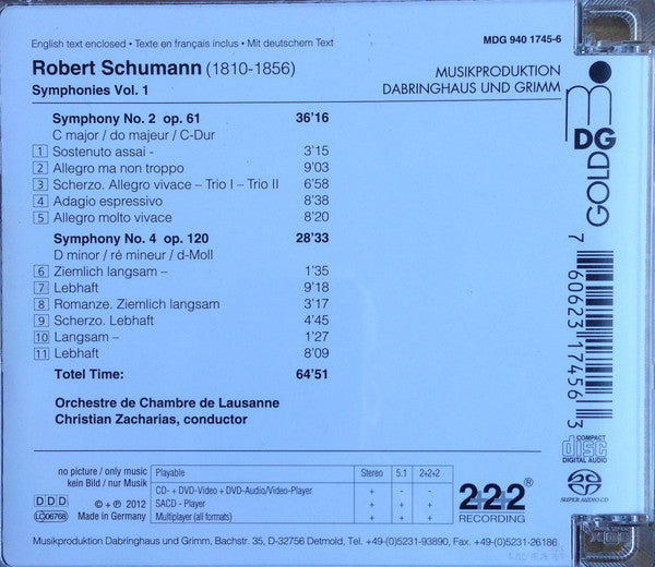 Robert Schumann, Orchestre De Chambre De Lausanne, Christian Zacharias : Symphony No. 2 C Major Op. 61 / Symphony No. 4 D Minor Op. 120 (SACD, Hybrid, Multichannel, Album)