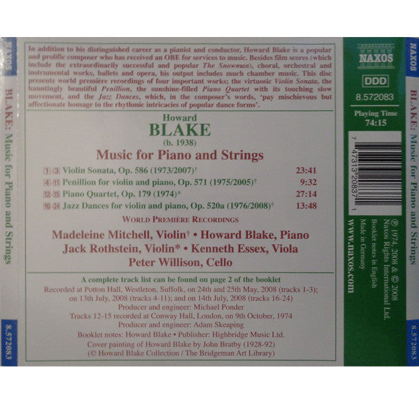 Howard Blake, Madeleine Mitchell : Howard Blake Music for Piano and Strings - Violin Sonata / Piano Quartet (CD, Album)