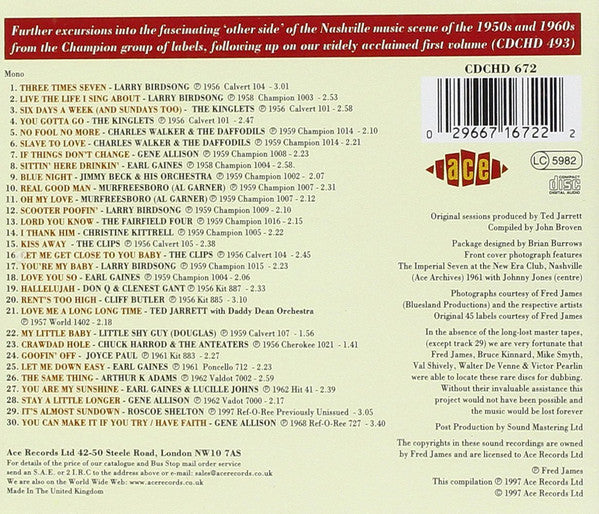 Various : Across The Tracks Volume 2: More Nashville R&B And Doo Wop  (CD, Comp, Mono)