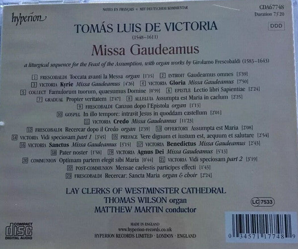 Tomás Luis De Victoria - Lay Clerks Of Westminster Cathedral, Matthew Martin (2) : Missa Gaudeamus (CD, Album)