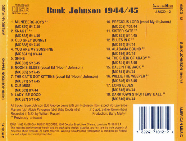 Bunk Johnson : 1944/45 (CD)
