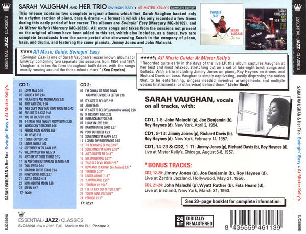 Sarah Vaughan And Her Trio : Swingin' Easy + At Mister Kelly's (2xCD, Comp, RM)