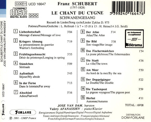 José van Dam, Valery Afanassiev : Schubert Schwanengesang (CD)
