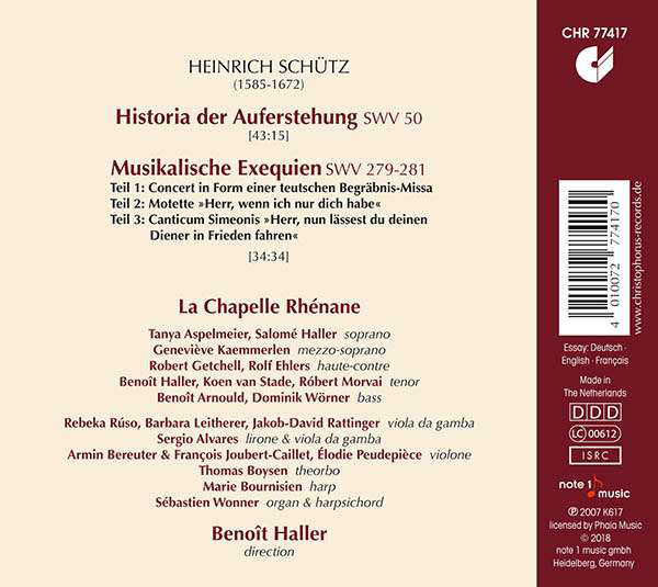 Heinrich Schütz - La Chapelle Rhénane, Benoit Haller : Auferstehungshistorie; Musikalische Exequien (CD, RE)