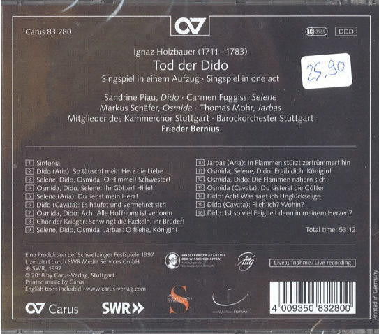 Ignaz Jakob Holzbauer - Sandrine Piau, Carmen Fuggiss, Thomas Mohr (2), Markus Schäfer (5), Kammerchor Stuttgart, Barockorchester Stuttgart, Frieder Bernius : Tod Der Dido (Singspiel In Einem Aufzug) (CD)