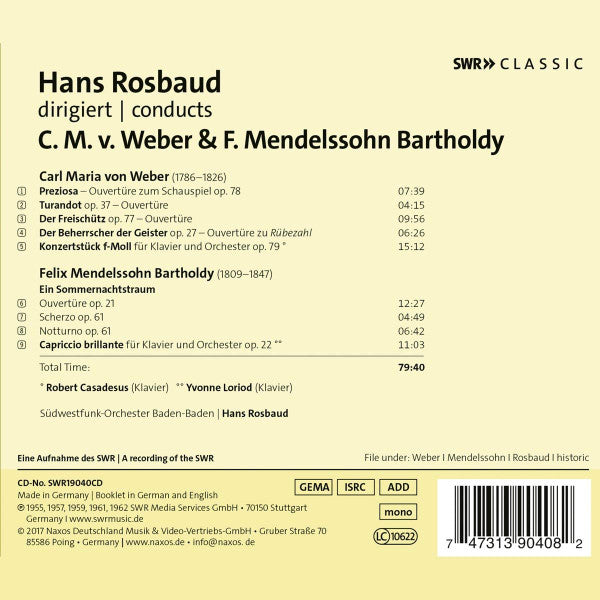 Südwestfunkorchester Baden-Baden, Hans Rosbaud, Carl Maria von Weber, Felix Mendelssohn-Bartholdy : Hans Rosbaud Conducts Weber, Mendelssohn (CD, Album, Mono, RM)