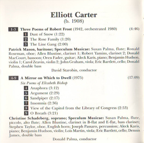 Elliott Carter - Speculum Musicae With Katherine Ciesinski, Jon Garrison, Patrick Mason (2), Jan Opalach, Christine Schadeberg : The Vocal Works (1975-1981) (CD, Album)