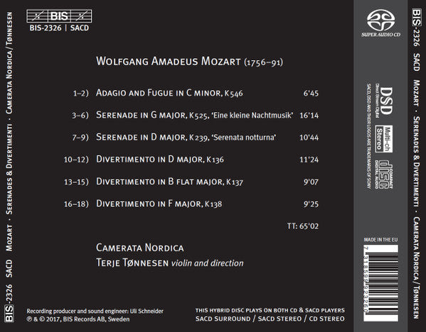 Wolfgang Amadeus Mozart, Camerata Nordica, Terje Tønnesen : Serenata Notturna; Three Divertimenti; Eine Kleine Nachtmusik (SACD, Hybrid, Multichannel)