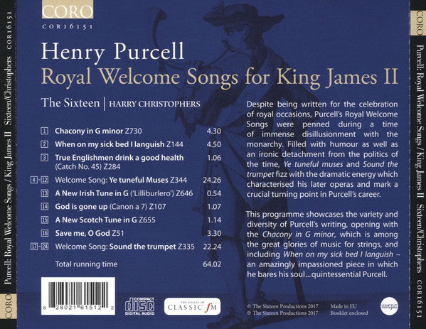 Henry Purcell, The Sixteen, Harry Christophers : Royal Welcome Songs For King James II (CD, Album)