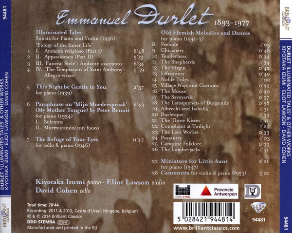 Emmanuel Durlet / Kiyotaka Izumi, Eliot Lawson, David Cohen : Illuminated Tales, The Refuge Of Your Eyes, Music For Solo Piano (CD)