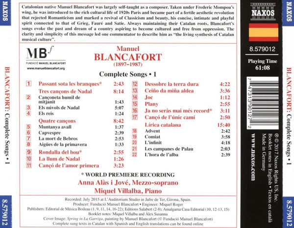 Manuel Blancafort, Anna Alàs i Jové, Miquel Villalba : Complete Songs Vol. 1 (CD, Album)