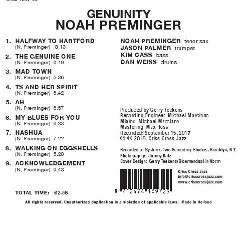 Noah Preminger : Genuinity (CD)