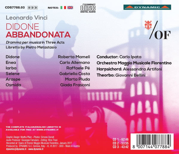 Leonardo Vinci, Orchestra Del Maggio Musicale Fiorentino, Carlo Ipata, Roberta Mameli, Carlo Allemano, Raffaele Pe, Gabriella Costa, Marta Pluda, Giada Frasconi : Didone Abbandonata (3xCD, Album)