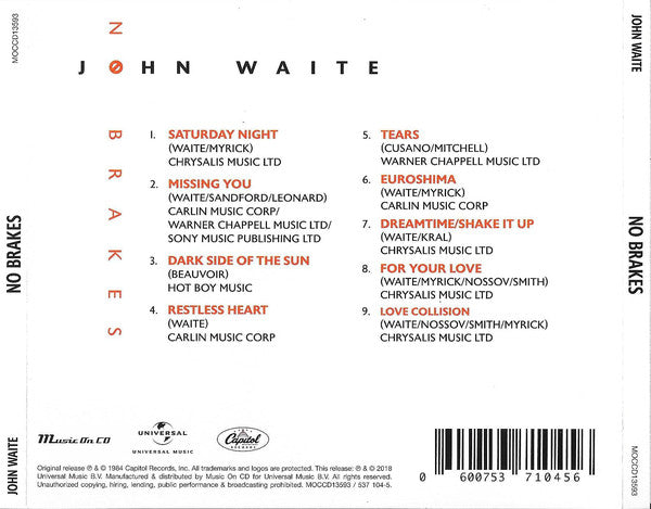 John Waite : No Brakes (CD, Album, RE)