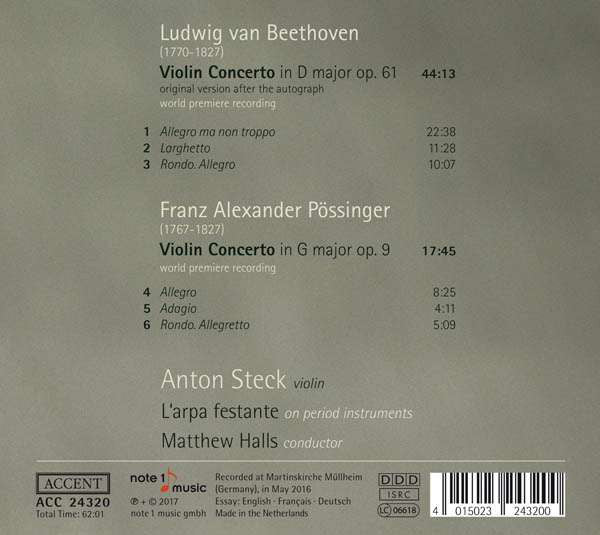 Ludwig van Beethoven, Franz Alexander Pössinger - Anton Steck, Barockorchester L'Arpa Festante, Matthew Halls : Violin Concertos (CD, Album)
