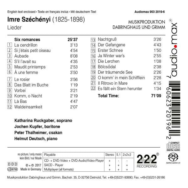 Imre Széchényi, Katharina Ruckgaber, Jochen Kupfer, Peter Thalheimer, Helmut Deutsch : Lieder (SACD, Hybrid, Multichannel, Album)