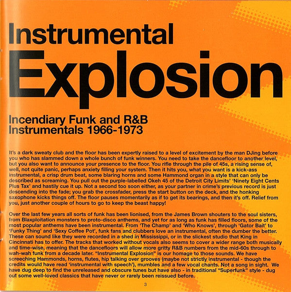 Various : Instrumental Explosion (Incendiary Funk And R&B Instrumentals 1966-1973) (CD, Comp, Mono)