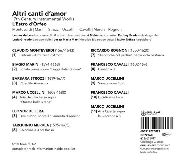 L'Estro D'Orfeo, Leonor De Lera, Claudio Monteverdi | Biagio Marini | Barbara Strozzi | Marco Uccellini | Francesco Cavalli | Tarquinio Merula | Riccardo Rognoni : Altri Canti D'Amor (CD, Album)