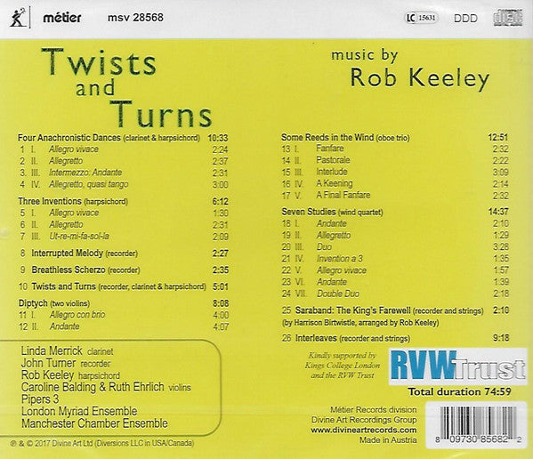 Robert Keeley, Caroline Balding & Ruth Ehrlich, Linda Merrick, John Turner (5), London Myriad, Pipers 3, Manchester Chamber Ensemble : Twists And Turns (CD, Album)
