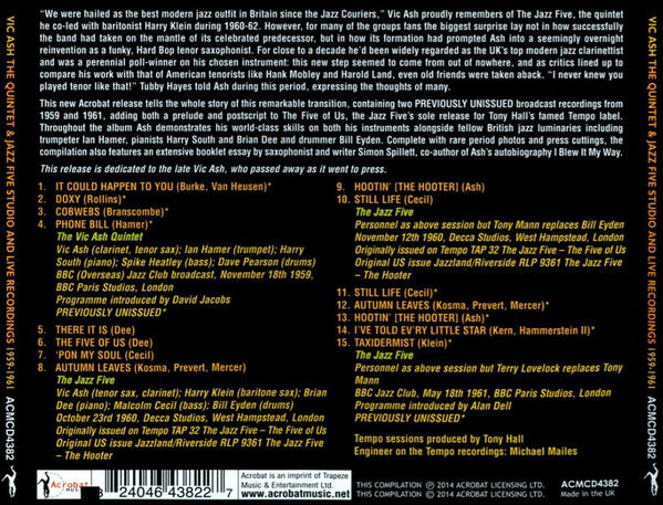 Vic Ash : The Quintet & Jazz Five Studio & Live Recordings 1959-1961 (CD, Comp)