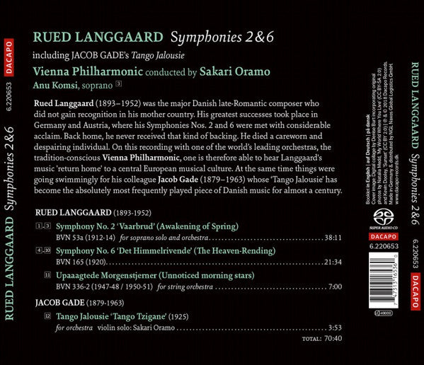 Rued Langgaard, Jacob Gade, Sakari Oramo, Wiener Philharmoniker, Anu Komsi : Symphonies 2 & 6 / Tango Jalousie (SACD, Hybrid, Multichannel, Album)