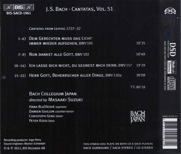 Johann Sebastian Bach, Bach Collegium Japan, Masaaki Suzuki : Cantatas 51: ►120a ►157 ►192 ►195 (Nun Danket Alle Gott) (SACD, Hybrid, Multichannel)
