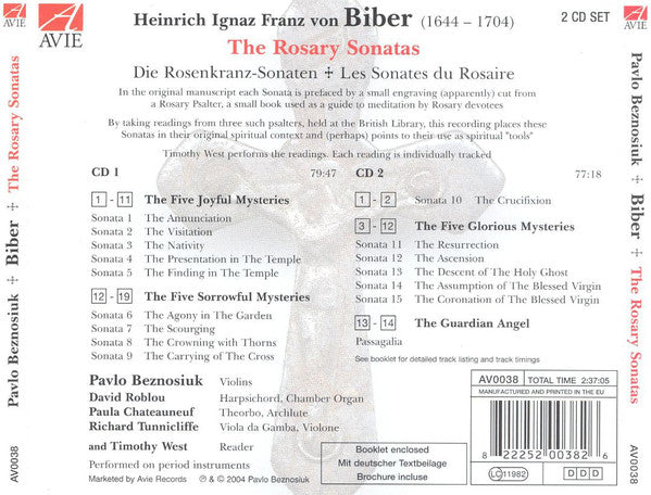 Heinrich Ignaz Franz Biber, Pavlo Beznosiuk, David Roblou, Paula Chateauneuf, Richard Tunnicliffe, Timothy West : The Rosary Sonatas (2xCD, Album)