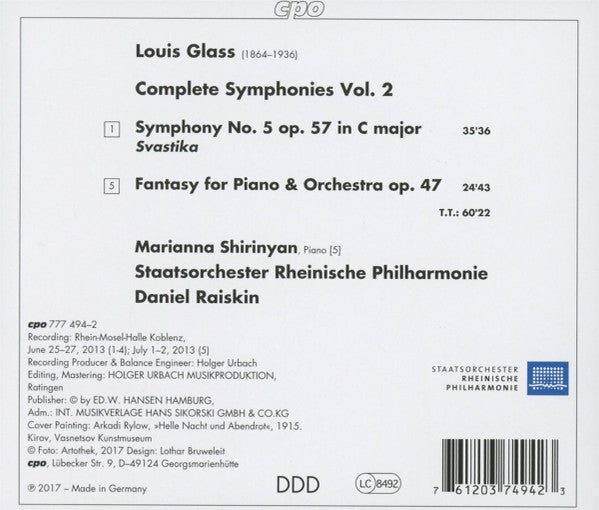 Louis Glass, Marianna Shirinyan, Rheinische Philharmonie, Daniel Raiskin : Complete Symphonies Vol. 2 - Symphony No. 5 / Fantasy Op. 47 (CD, Album)