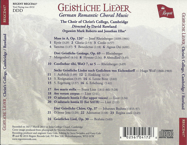 The Choir Of Christ's College, Cambridge Directed By David Rowland : Geistliche Lieder (German Romantic Choral Music) (CD, Album)