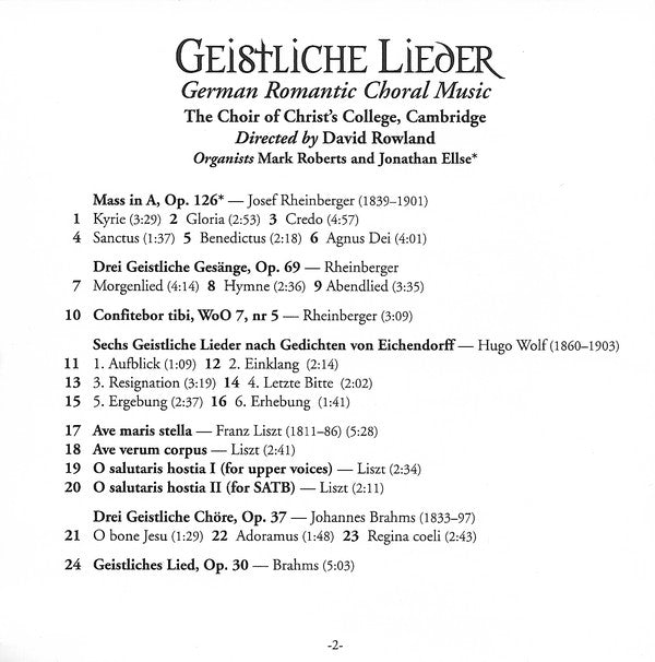The Choir Of Christ's College, Cambridge Directed By David Rowland : Geistliche Lieder (German Romantic Choral Music) (CD, Album)