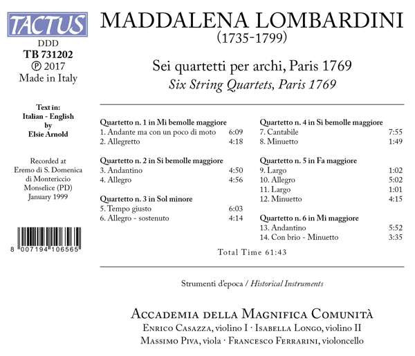 Maddalena Laura Lombardini - La Magnifica Comunità : Sei Quartetti Per Archi; Paris, 1769 (CD, Album, RE)