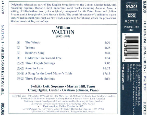 Sir William Walton, Felicity Lott, Martyn Hill, Craig Ogden, Graham Johnson (2) : Anon In Love  • Façade Settings • A Song For The Lord Mayor's Table (CD, RE)