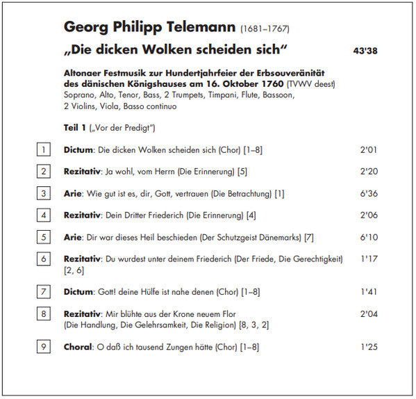 Georg Philipp Telemann, Barockwerk Hamburg, Ira Hochman : Die Dicken Wolken Scheiden Sich; Festmusik Für Altona (CD, Album)