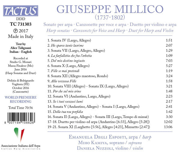 Giuseppe Millico, Emanuela Degli Esposti, Miho Kamiya, Daniela Nuzzoli : Sonate Per Arpa; Canzonette Per Voce E Arpa; Duetto Per Arpa E Violino (CD, Album)