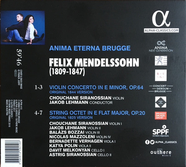 Felix Mendelssohn-Bartholdy - Jakob Lehmann, Chouchane Siranossian, Anima Eterna : Violin Concerto - Octet - Songs (CD, Album)