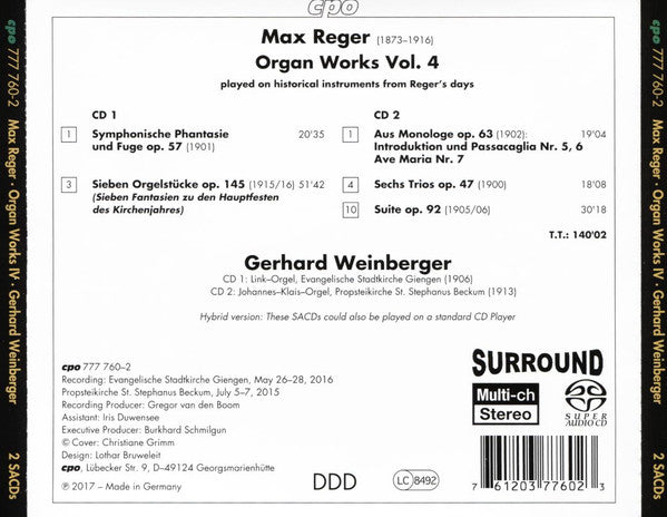 Max Reger - Gerhard Weinberger : Organ Works Vol. 4 (2xSACD, Hybrid, Multichannel, Album)