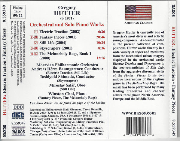 Gregory Hutter – Winston Choï , Piano - Miroslav Šafář , Oboe - The Moravian Philharmonic Orchestra / Andreas Baumgartner • Toshiyuki Shimada : Electric Traction • Fantasy Pieces • Still Life • Skyscrapers • The Melancholy Rags, Book 1 (CD)