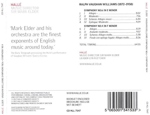 Hallé Orchestra, Ralph Vaughan Williams, Mark Elder (2) : Symphony No. 6 In E Minor; Symphony No. 4 In F Minor (CD, Album)