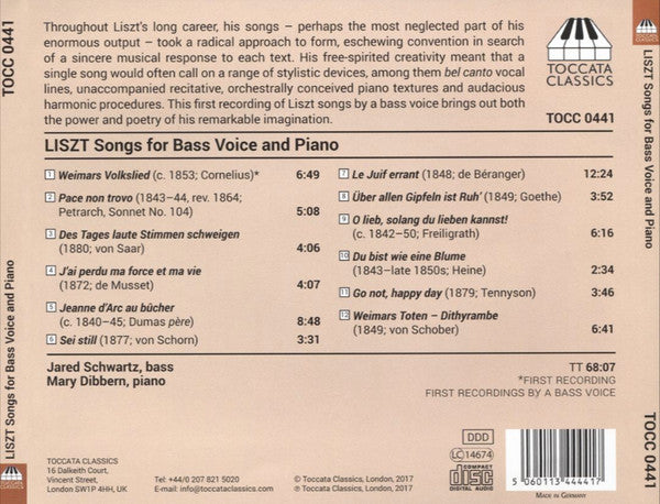 Franz Liszt, Jared Schwartz, Mary Dibbern : Songs For Bass Voice And Piano (CD, Album)