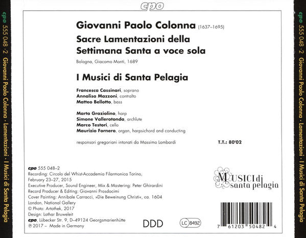 Giovanni Paolo Colonna - I Musici di Santa Pelagia, Maurizio Fornero : Sacre Lamentazioni (CD, Album)
